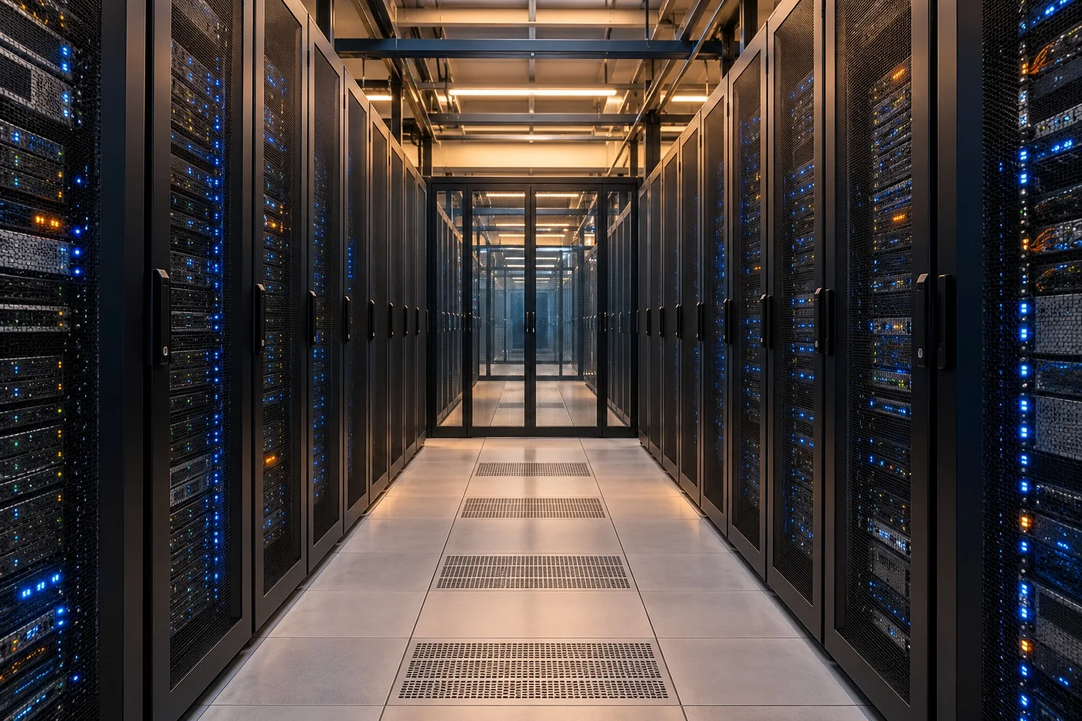 Illustrative server infrastructure with rows of connected systems